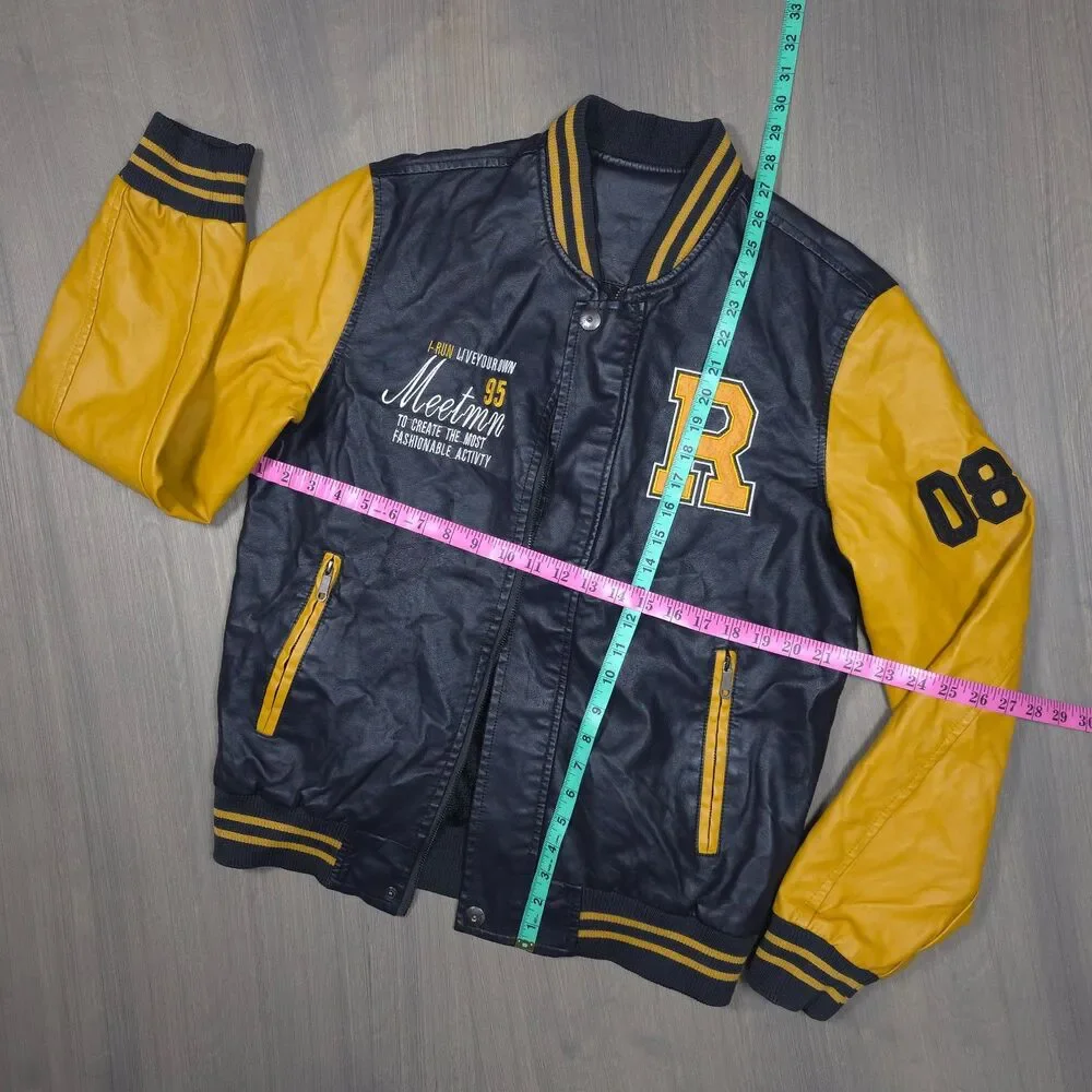 Vintage Style Faux Leather Varsity Jacket Yellow Black Bomber